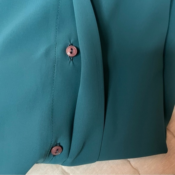 Vintage Ruffle High Neck Turquoise Blue Button Front Blouse Size 8 - Picture 14 of 16